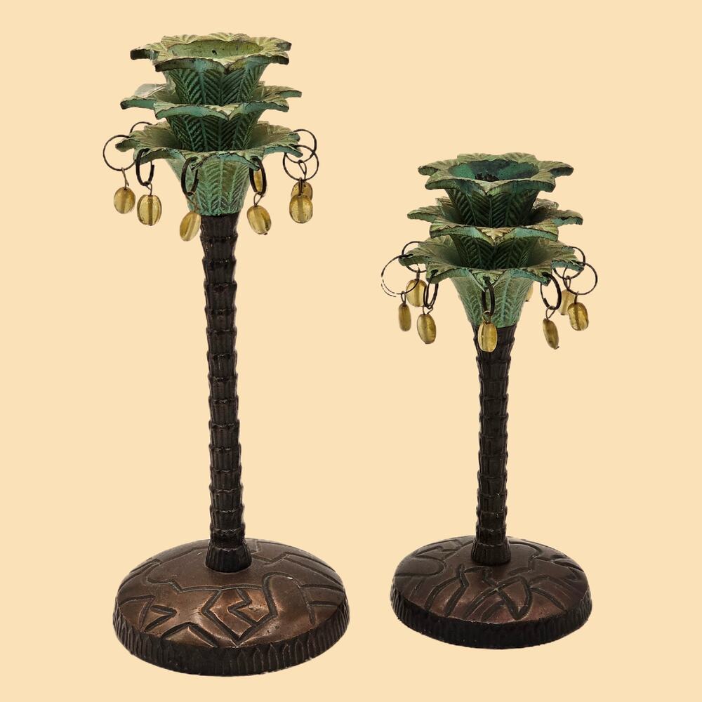 Cold Painted Brass Candlestick Set - Tropical Palm Trees with Beaded Accents